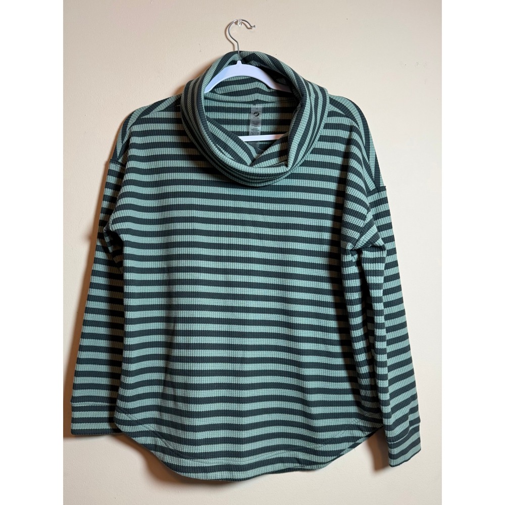 Lou & Grey Striped Waffle Knit Cowl Neck Top Green XS Oversized Casual Sweater